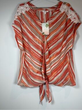 Palm Rio Women's Orange Striped Tie-Front Top with Lace Shoulders XL